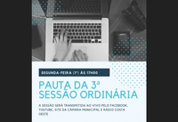 CÂMARA REALIZARÁ 3ª ORDINÁRIA ÀS 17H00 EM ATENDIMENTO AO DECRETO MUNICIPAL