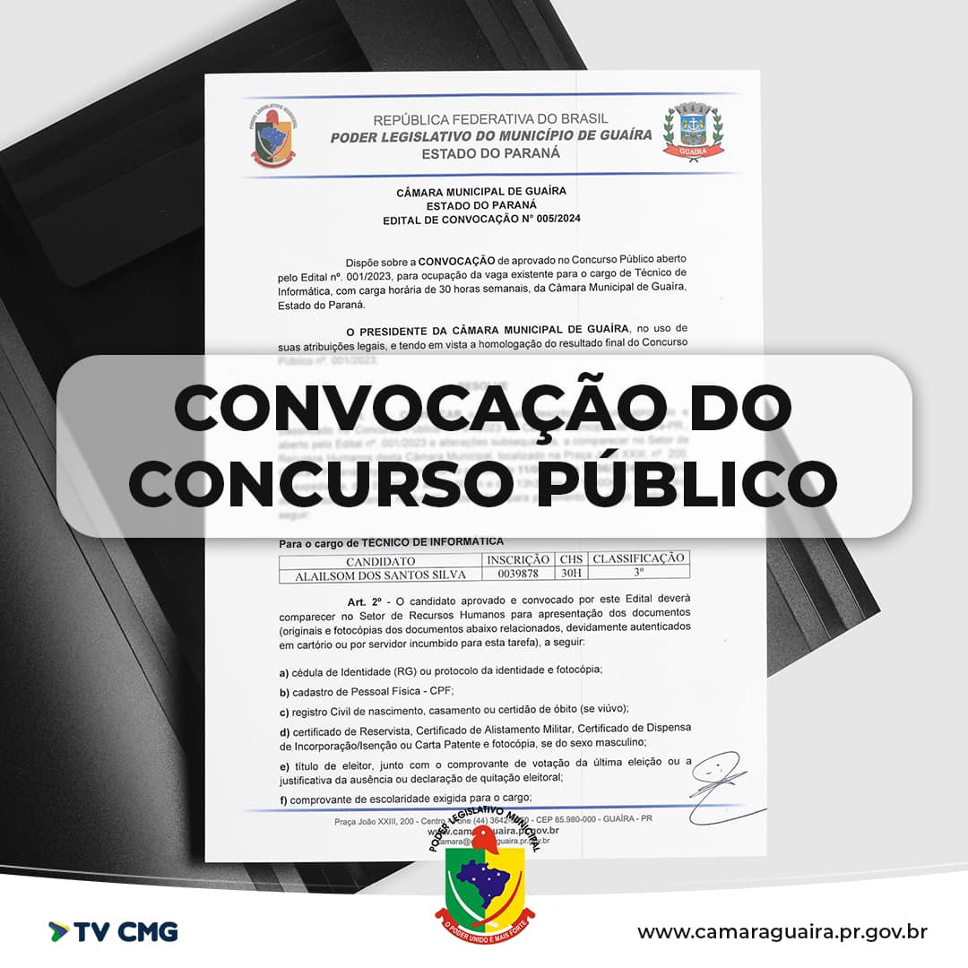 CMG CONVOCA 3º APROVADO NO CONCURSO PARA TÉCNICO DE INFORMÁTICA 