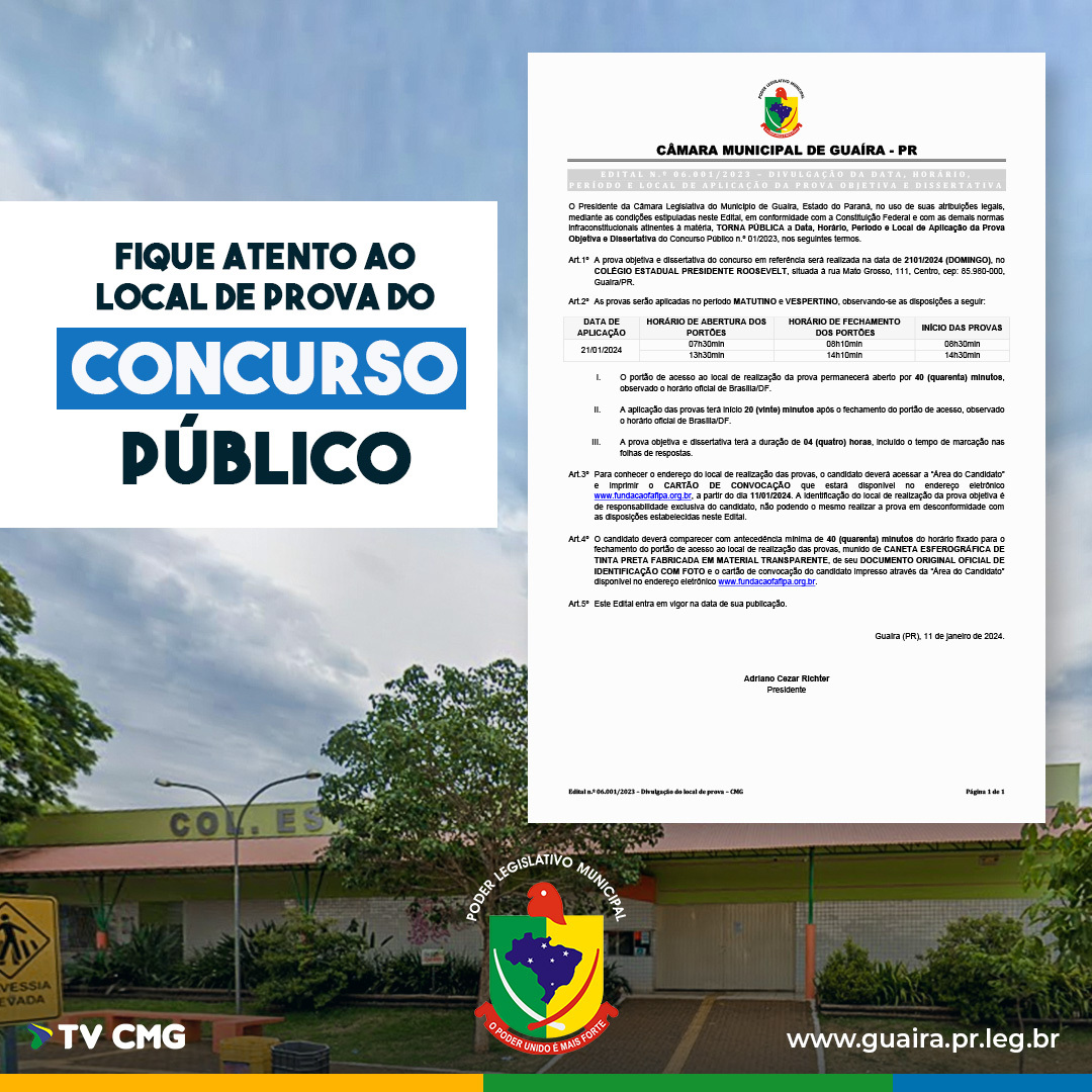 O CONCURSO DA CMG SERÁ NESTE DOMINGO; ATENÇÃO PARA O LOCAL E HORÁRIO